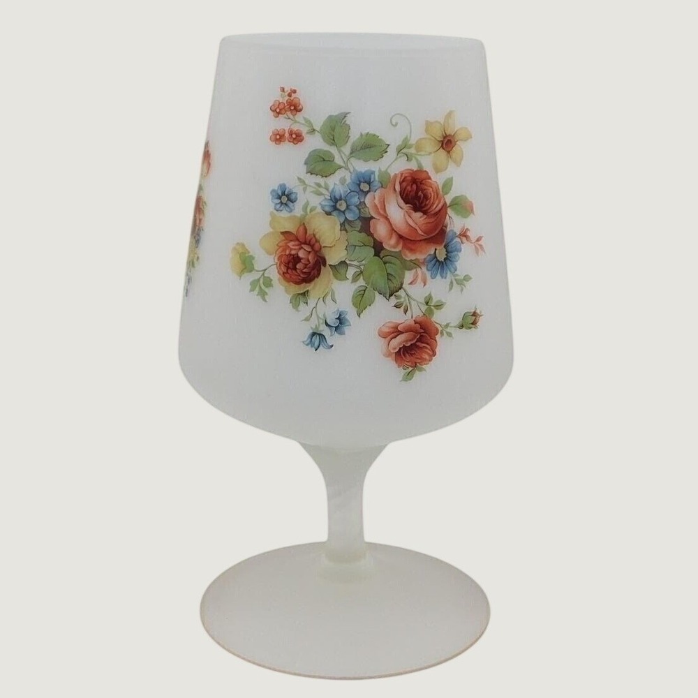 Vtg f rosted satin Norleans glass floral goblet painted bouquet of roses Italy